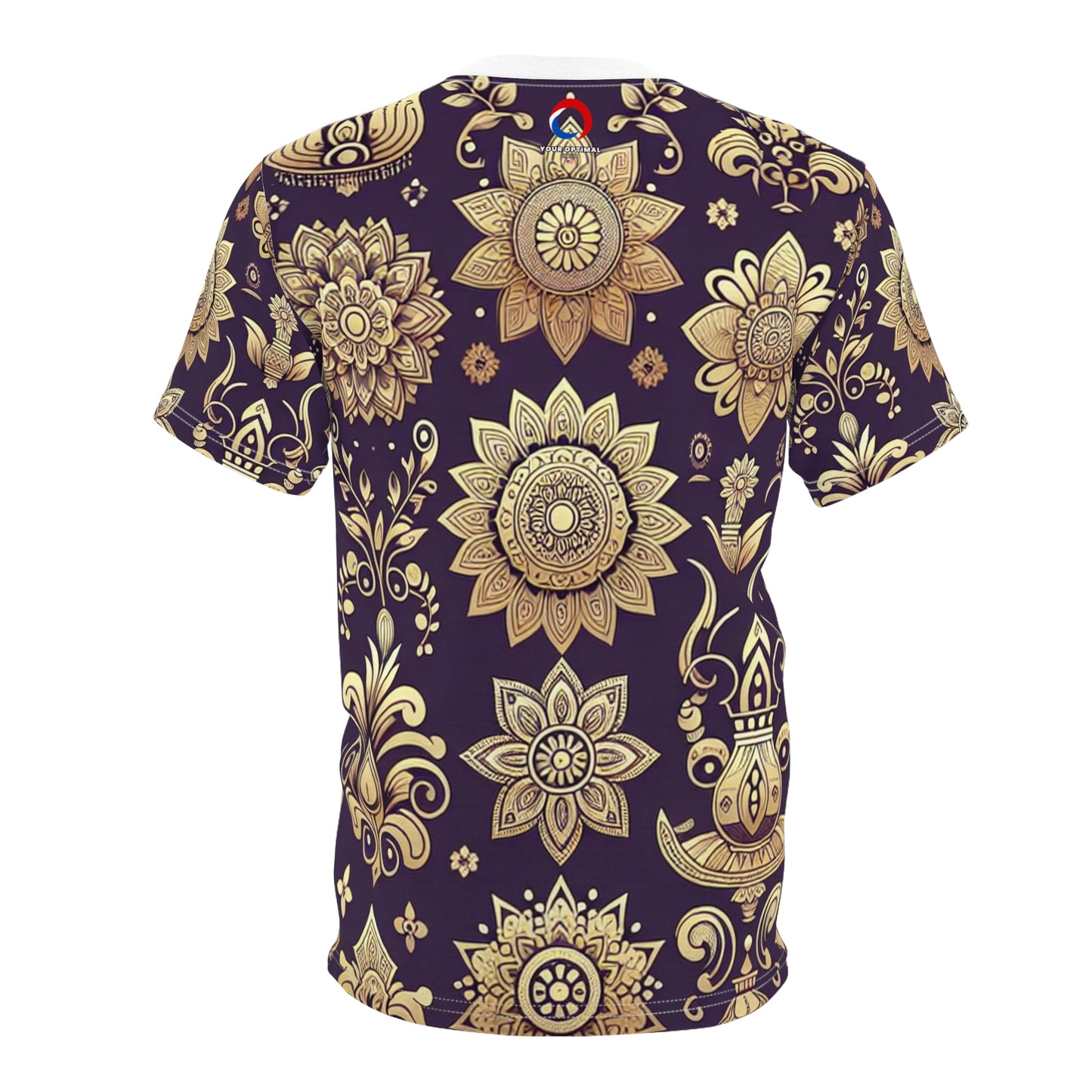 Traditional Indian Motifs Gold Reflections on Purple Seamless Pattern T-Shirt - Modern, Intricate Floral & Geometric Design Heritage Tee