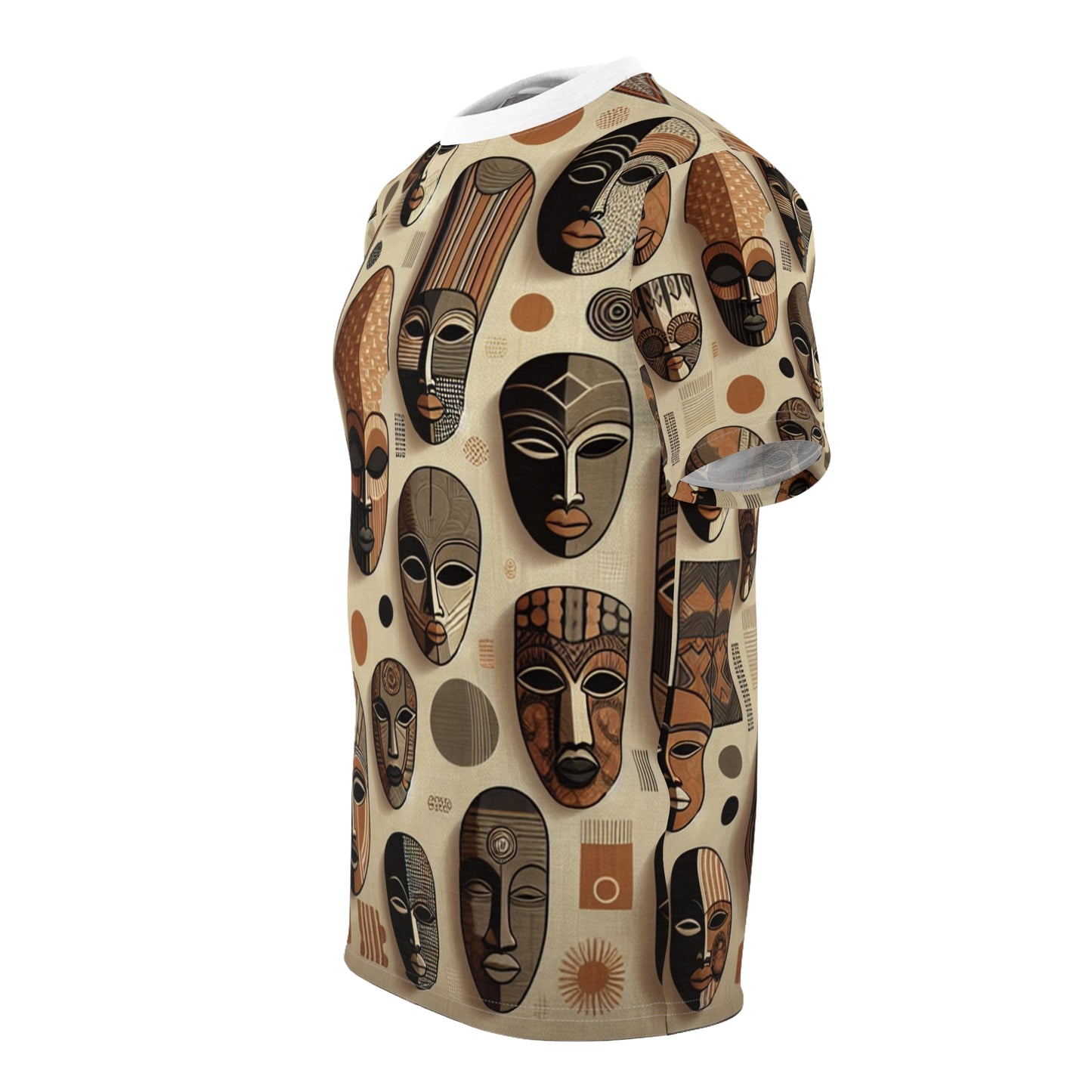 Modern African Heritage T-Shirt: Monochrome Masks in Rich Tapestry Design with Orange Accents - African Tribal Pattern-Inspired Tee