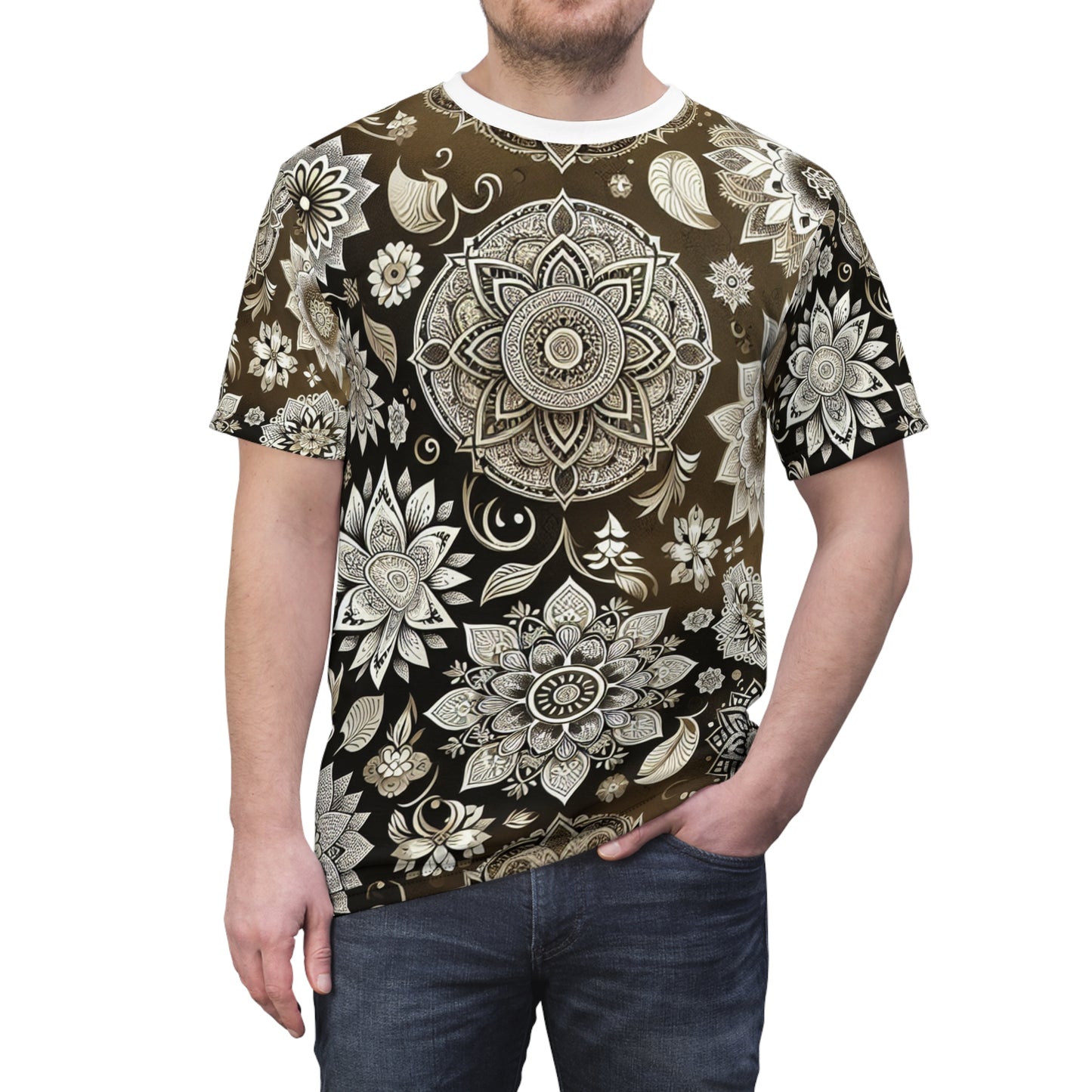 Traditional Indian Motif Collection: Intricate Floral & Geometric Seamless Pattern T-Shirt - Shiny Gold & White - Modern Meets Classic Heritage Design