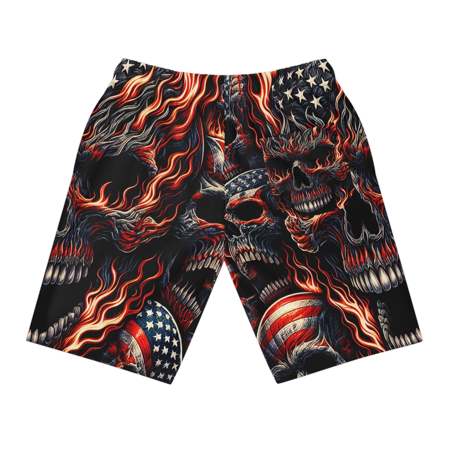 Fiery Skullsaloo Patriotic Tattoo-Style Shorts - Patriotic Streetwear Shorts