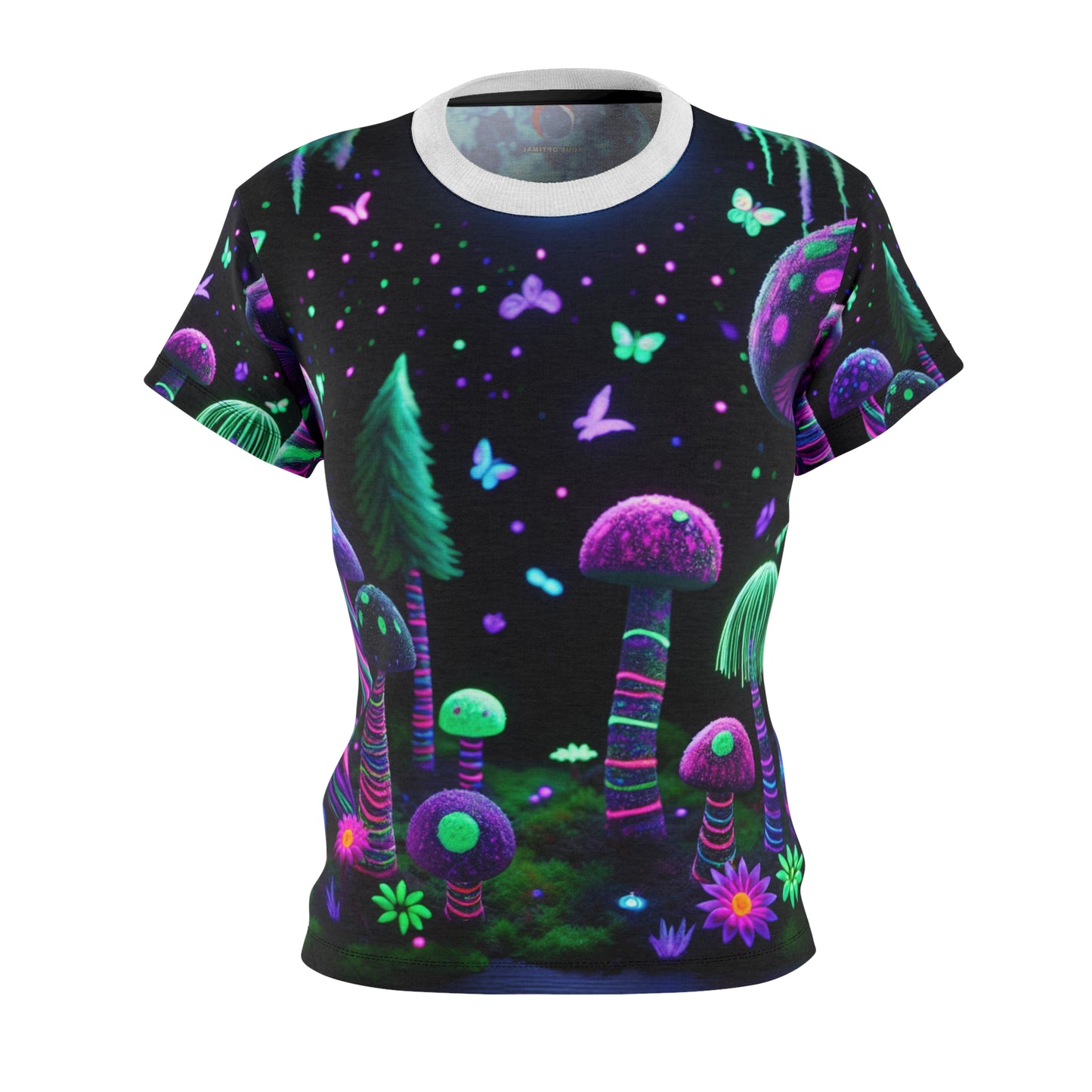 Fantastical Moonlit Forest T-Shirt - Blacklight Reactive - Neon Mushrooms, Glowing Flora, & Enchanted Fireflies - Women's Blacklight Tee