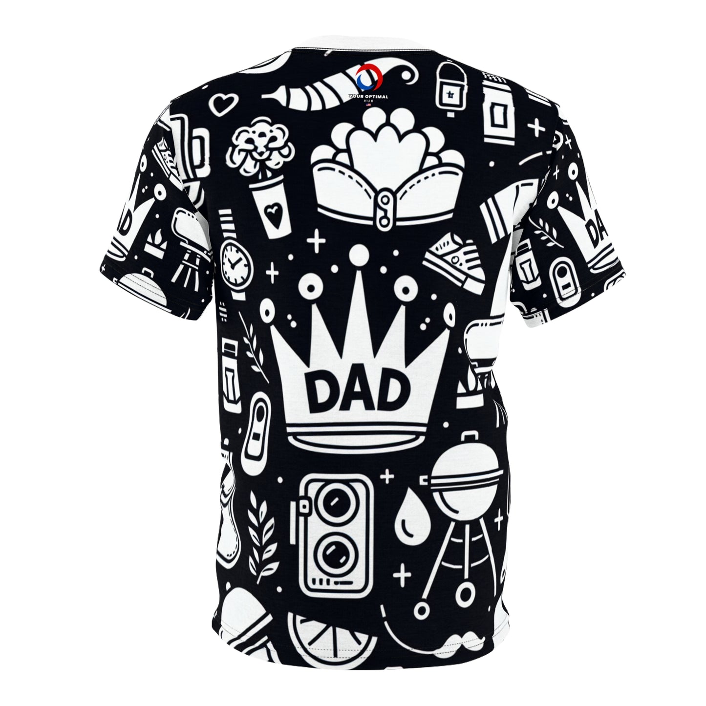 King of the Family Dad T-Shirt - Monochrome Line Art with Crown, Camera, BBQ Grill-master - Father's Day Minimalist Tee