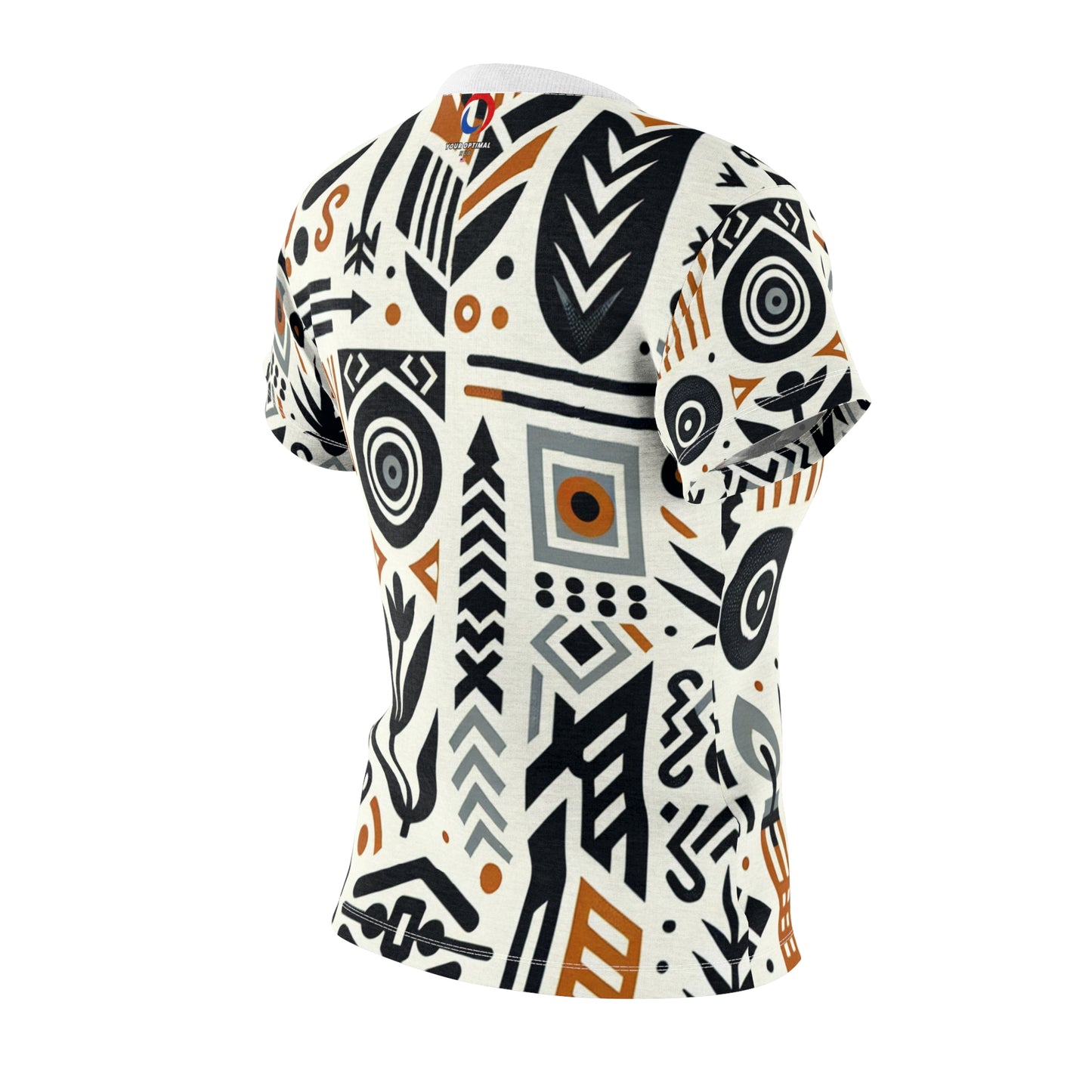 Modern Afro-Graphic Women's Tee: Monochrome & Orange Nature-Warfare Prints, Abstract Artistic Unity - African Tribal Pattern-Inspired