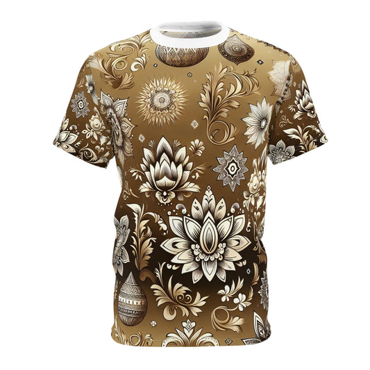 Traditional Indian Motifs Seamless Pattern T-shirt: Intricate Floral-Geometric White Designs on Shiny Gold - Modern & Rich Cultural Heritage Inspired Tee