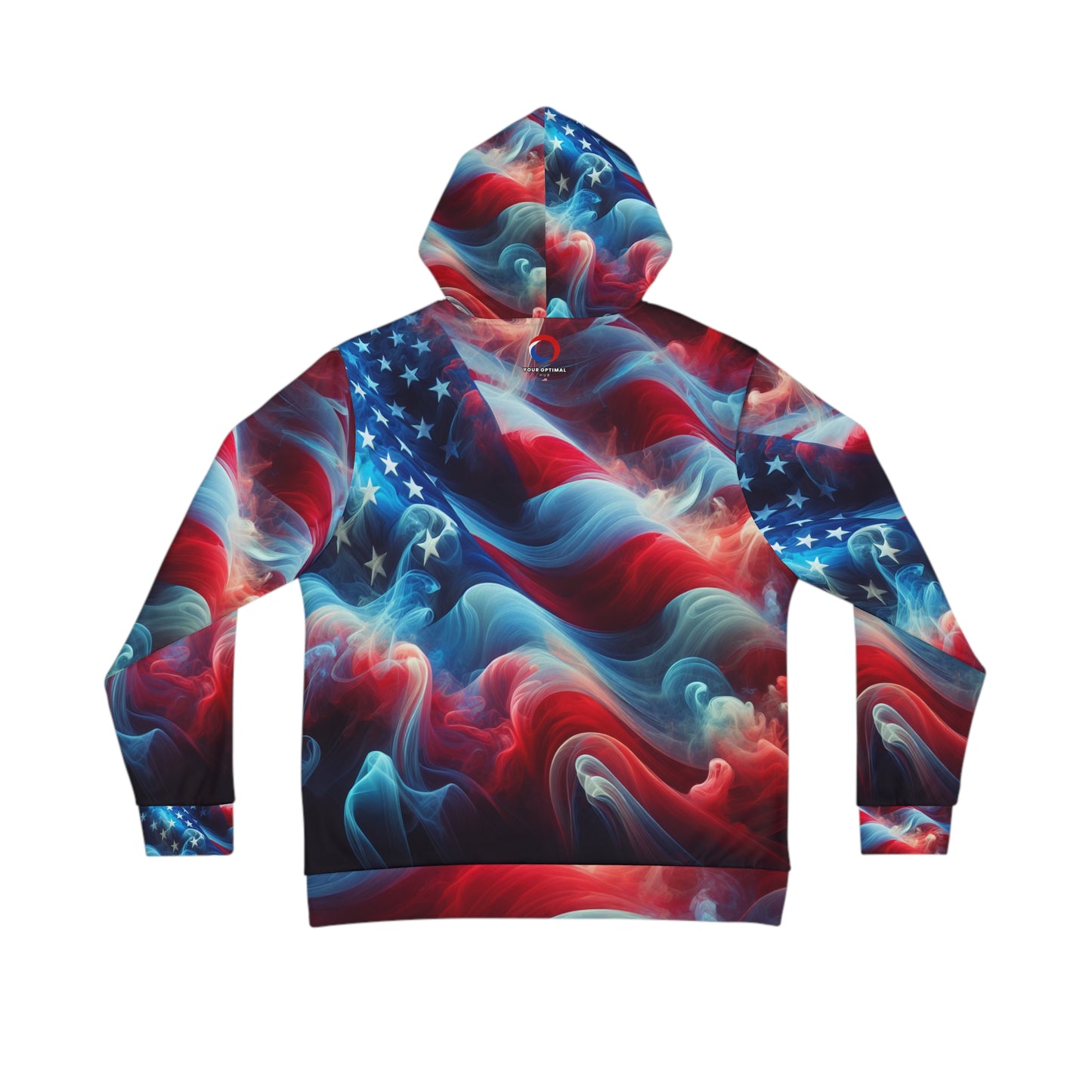 Mystic American Flag Hoodie - Artistic Red & Blue USA Pride - Ethereal Smoke Overlay - Surreal Dreamlike Stars & Stripes Design