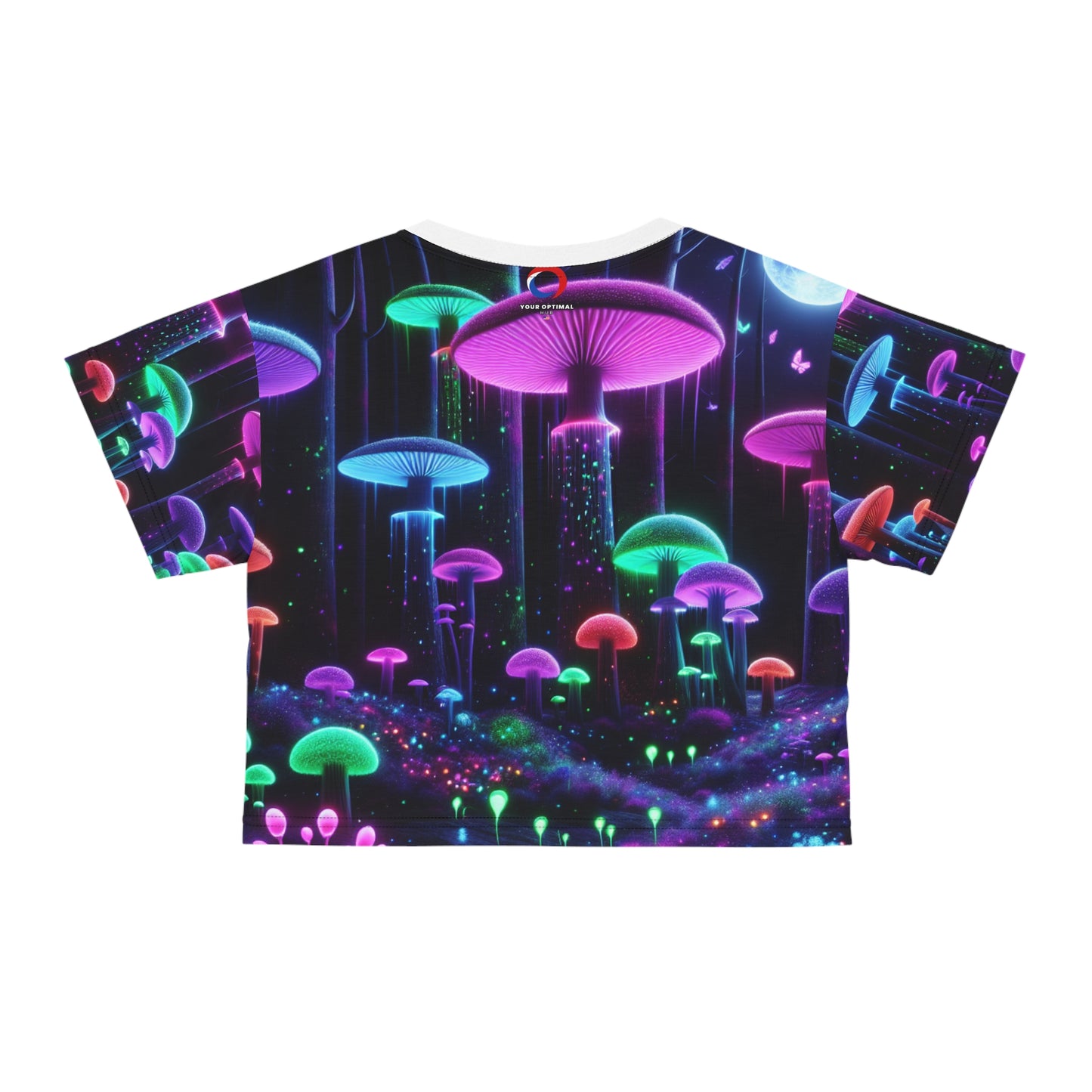 Mystical Moonlit Forest Glow: Blacklight-Ready Crop Tee with Neon Mushrooms, UV-Fluorescent Flora - Women's Blacklight Tee