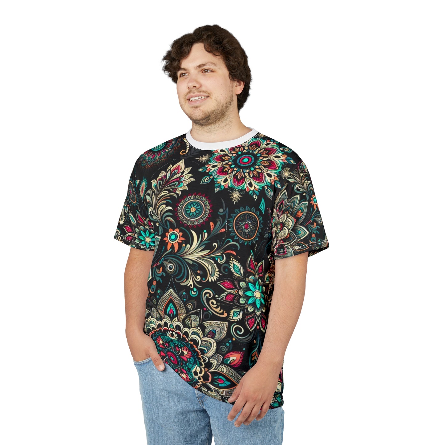 UV Reactive Traditional Indian Motifs T-Shirt - Scattered Radiating Bioluminescent Print on Black Background