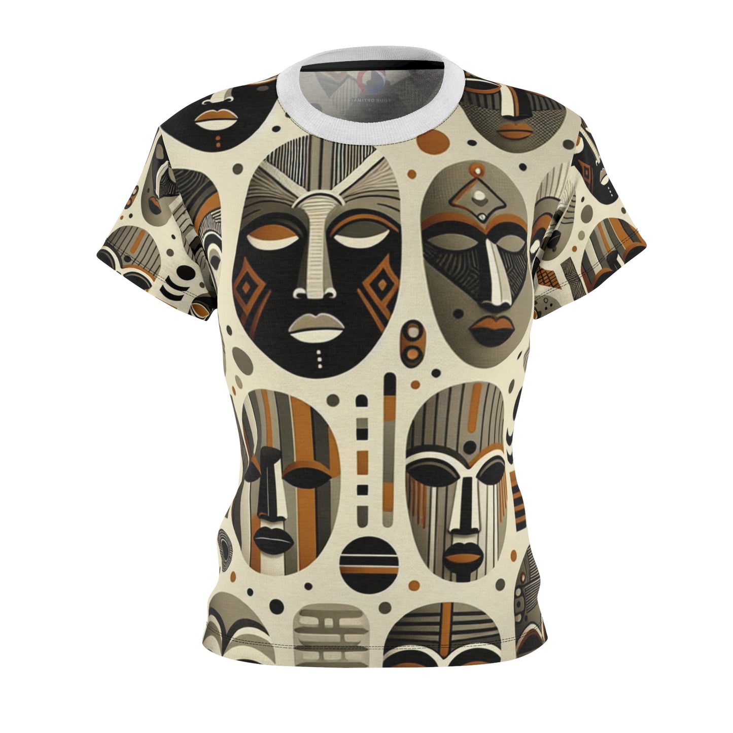 African Heritage Artistry: Women's Tee with Rich, Monochromatic Masks Tapestry, Modern Meets Tradition - African Tribal Pattern-Inspired