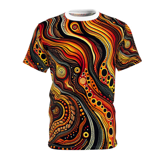 Fiery Aboriginal Landscape T-shirt: Volcano-inspired Art, Lava & Earthy Tones Shirt - African Tribal Pattern-Inspired Tee