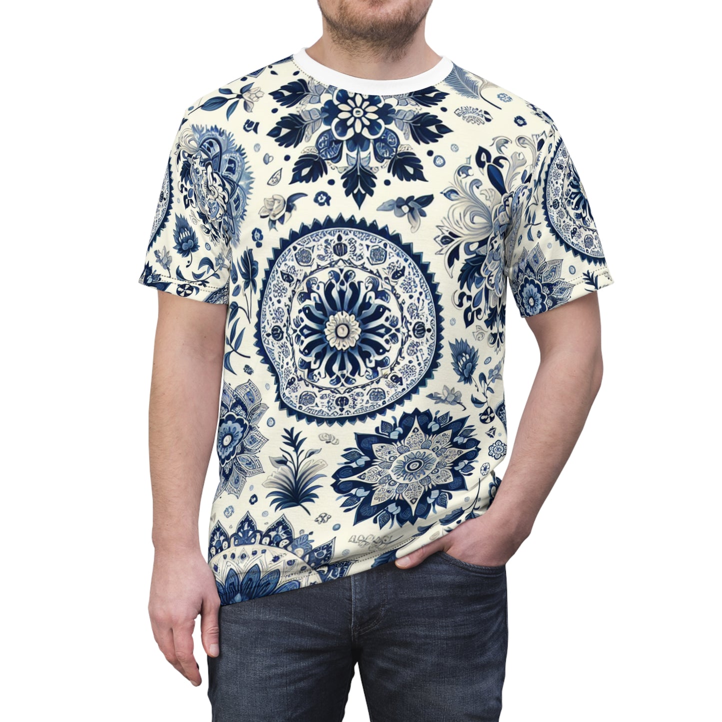 Classic Indian Motif Patterned T-Shirt: Seamless Traditional Design, Intricate Floral & Geometric Shapes in Blue-White Palette - Traditional Indian Motifs Tee