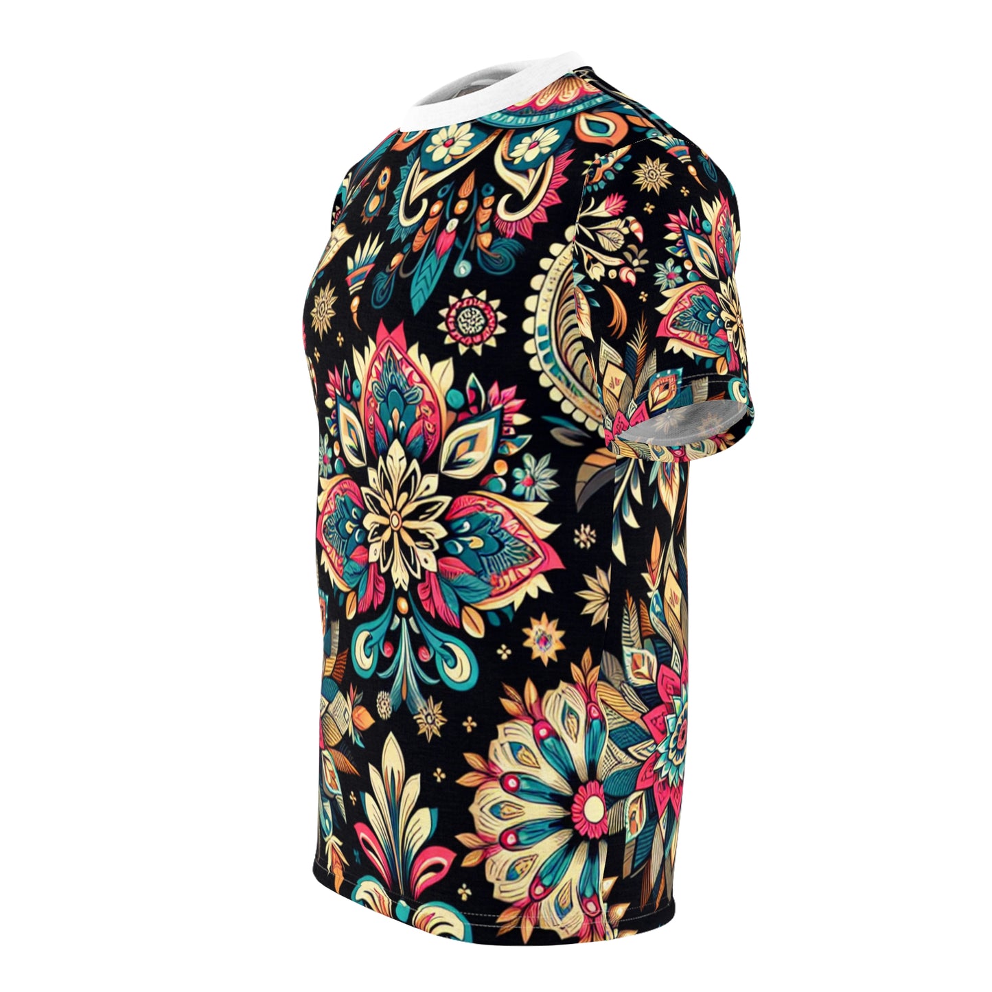 UV Reactive Boho-Chic T-Shirt with Intricate Neon Indian Motifs on Black Background - Scattered Geometric Floral Design