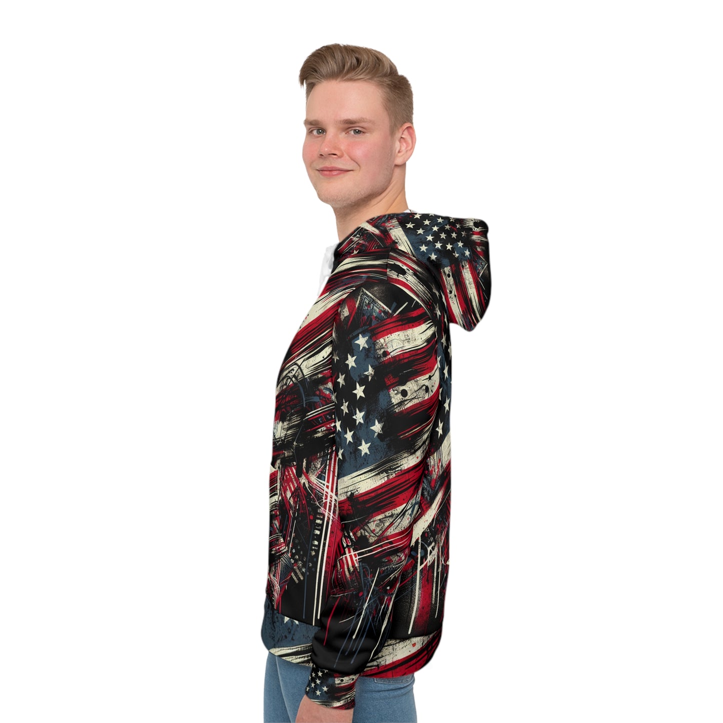 Urban Grunge American Flag Graphic Hoodie - Edgy Streetwear Style, Graffiti-Inspired Distressed Flag Design with Bold Splatter Effects