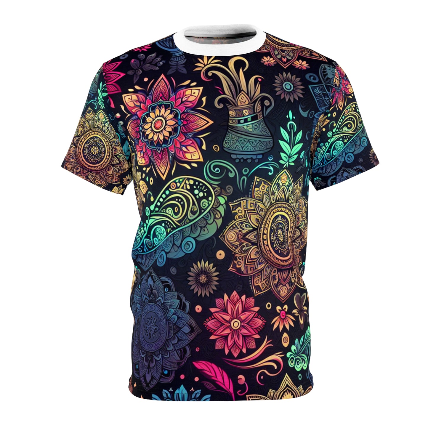 UV Reactive Indian Motif T-Shirt – Neon Bioluminescent Floral & Geometric Pattern on Black – Traditional Desi Style Glow Tee