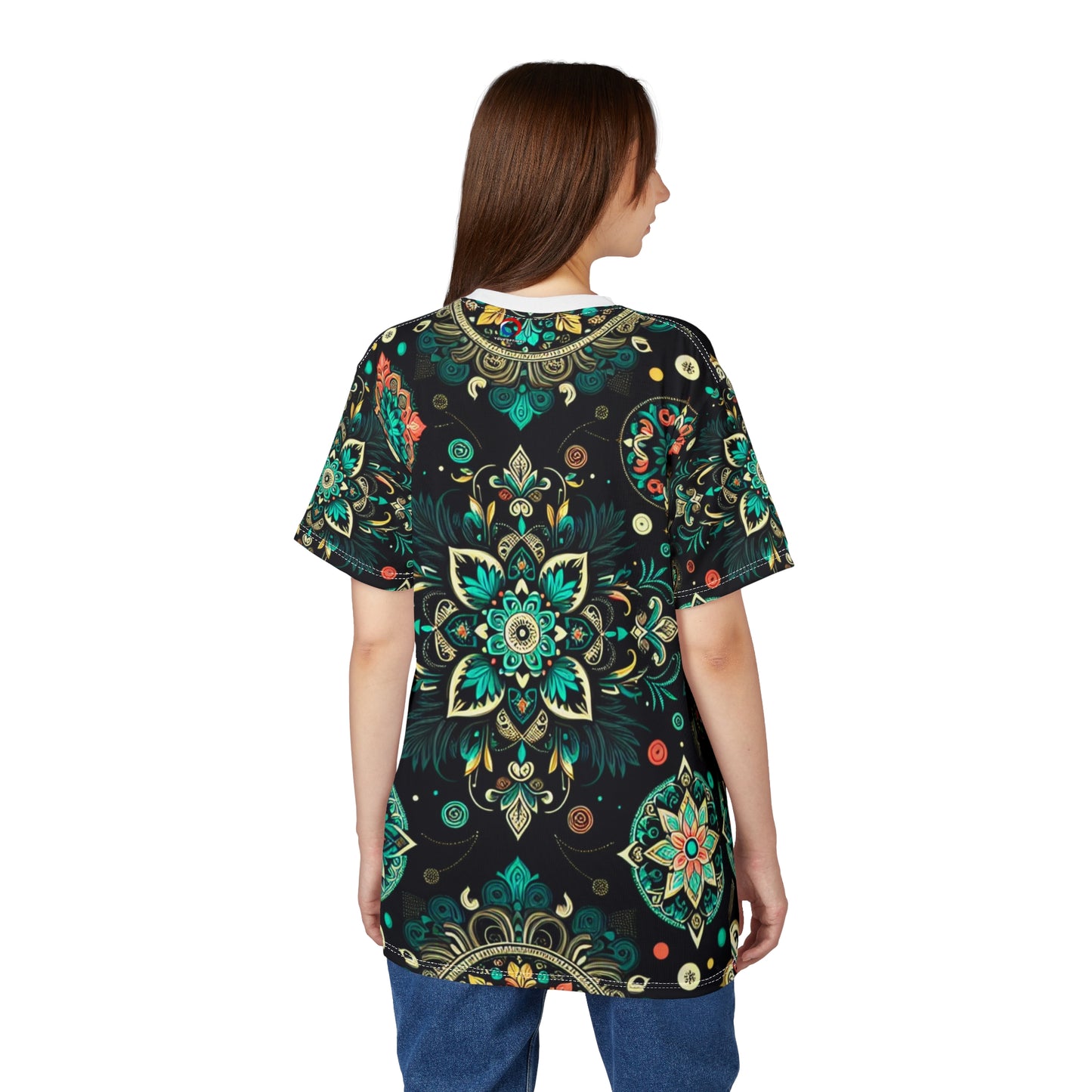 Neon UV Indian Motif Tee – Bioluminescent Floral & Geometric Glow Pattern on Black Shirt