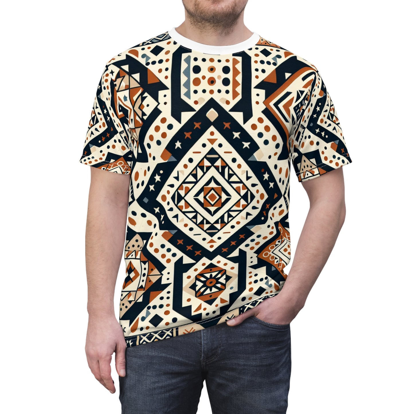 Berber Tattoo Art T-Shirt - Geometric Storytelling Design, Earthy Tones, Eclectic Shapes - African Tribal Pattern-Inspired Tee