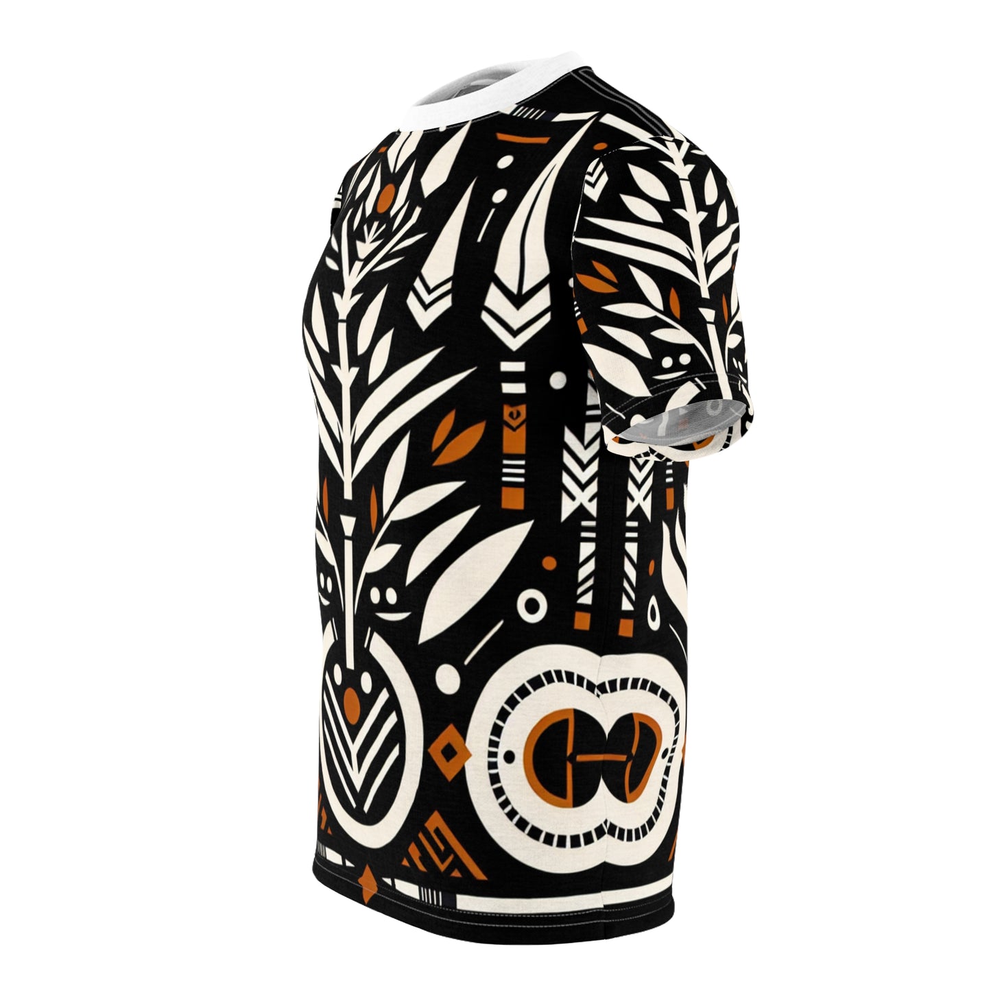 Bold African Artistry T-shirt: Monochrome, Orange Accents, Nature & Warfare Symbols - African Tribal Pattern-Inspired Tee