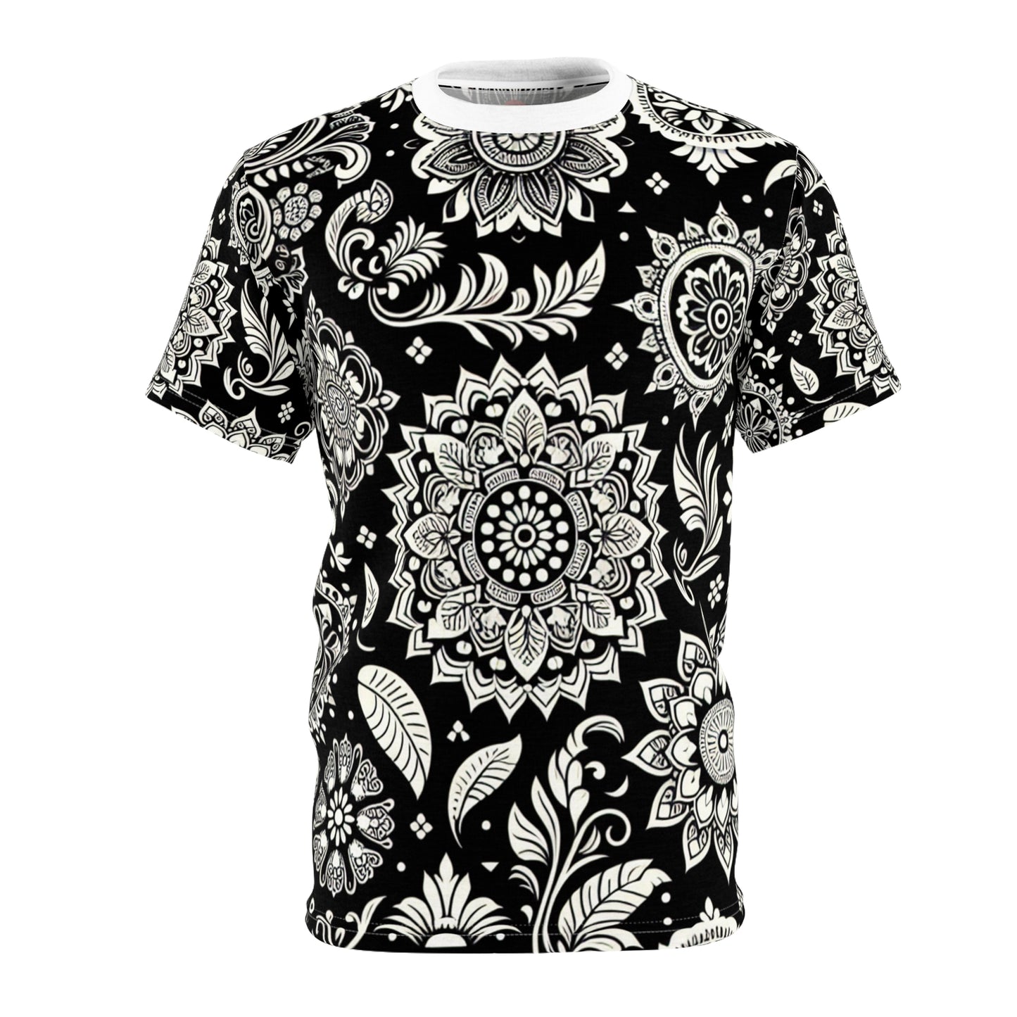 Traditional Indian Motif Scattered Design T-Shirt - Intricate Floral & Geometric Shapes on Black - Modern Seamless Pattern - Rich Indian Heritage Motifs Tee