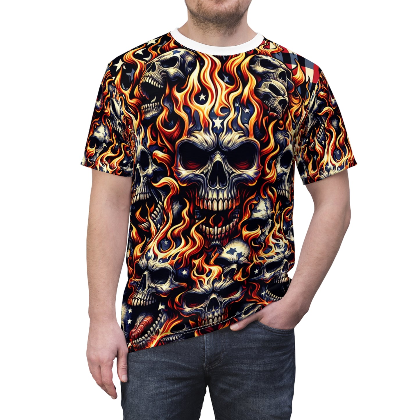 Fiery Patriotic Inferno: Skull-Drenched Tattoo-Style T-Shirt - Dynamic Design Tee