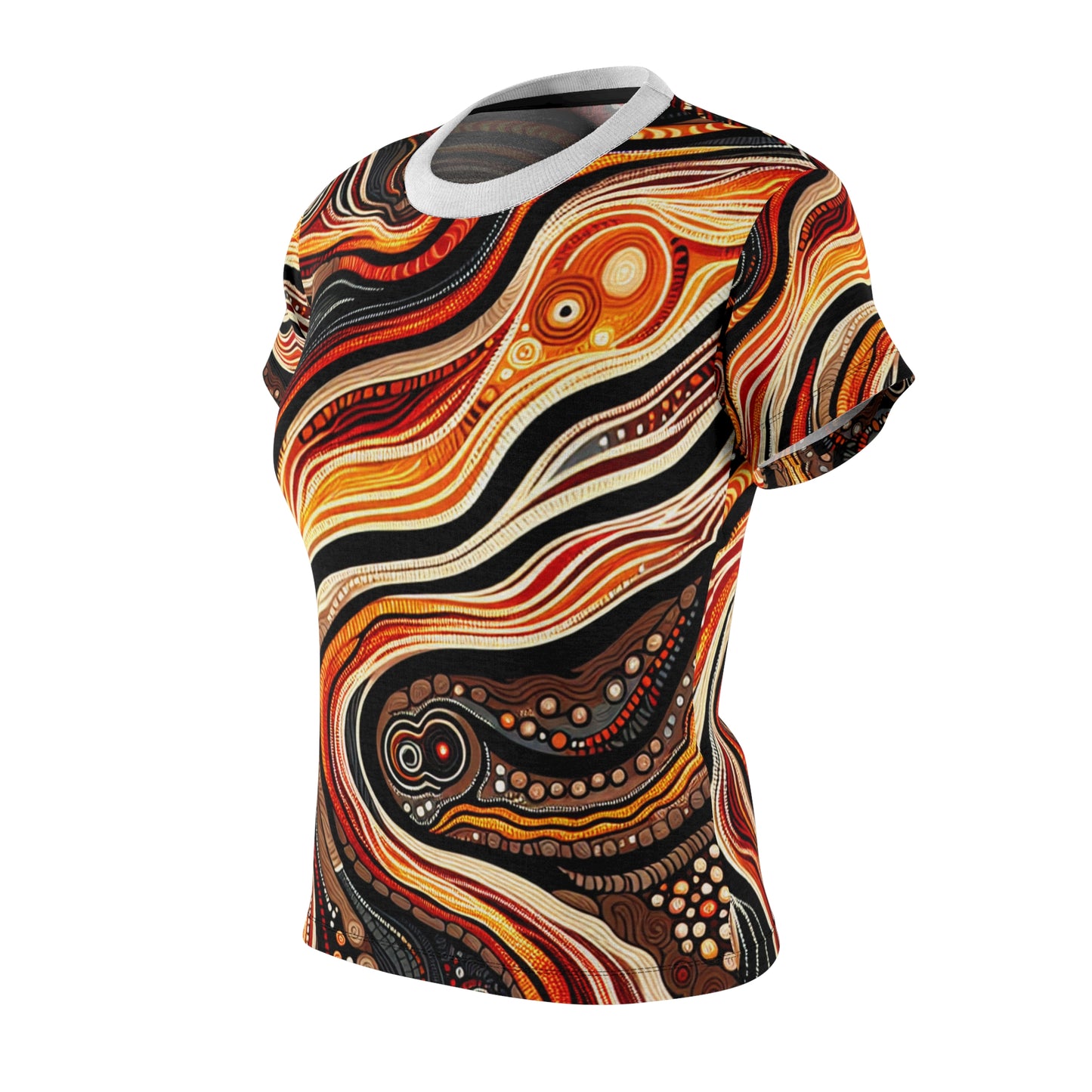 Volcanic Dream Dot Art Women's Tee - Aboriginal-Inspired Fiery Landscape Design in Vibrant Earthy Tones - Ancestral Connection Apparel