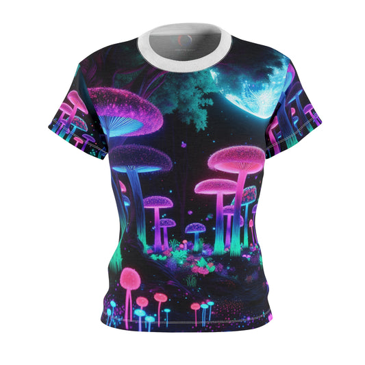 Women's Blacklight Forest T-Shirt – Surreal Neon Moonlit Scene with Glowing Mushrooms and Enchanted Details - Women's Blacklight Tee