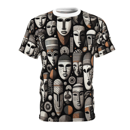 Chic African Heritage Tapestry T-Shirt- Modern Monochrome Masks with Orange Accents - African Tribal Pattern-Inspired Tee