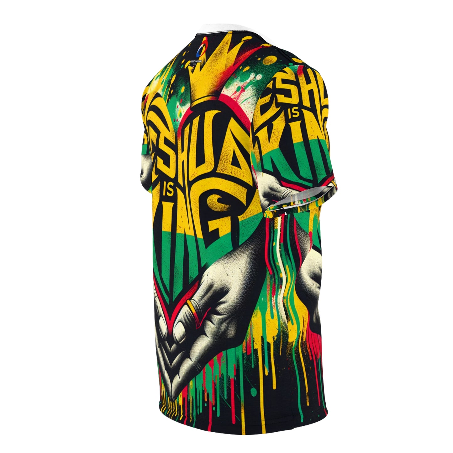 Vibrant Rasta-Inspired 'Yeshua is King' Graffiti Heart T-Shirt - Edgy Faith-Based Word Art - Rastafarian Art-Inspired Tee