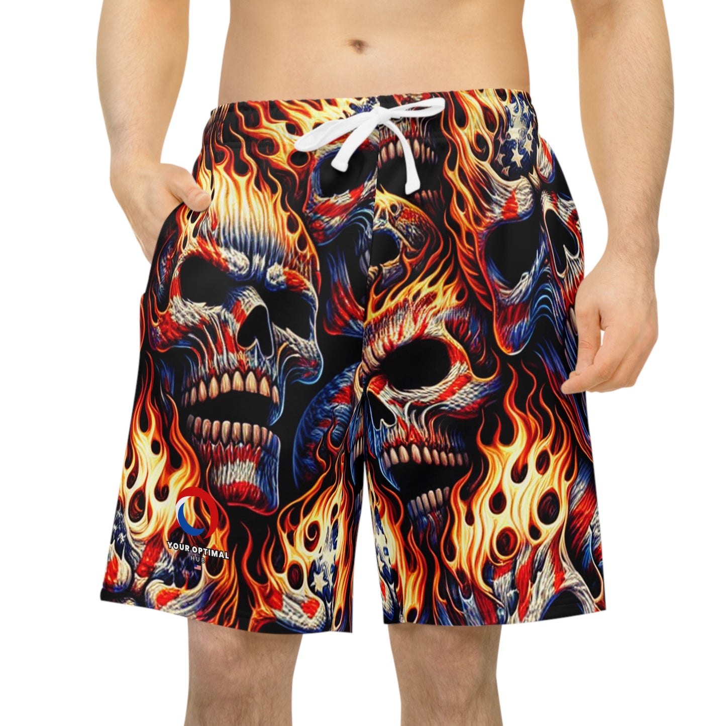 Inferno Embodied: Fiery Skulls & Patriotic Fury Shorts - Patriotic Streetwear