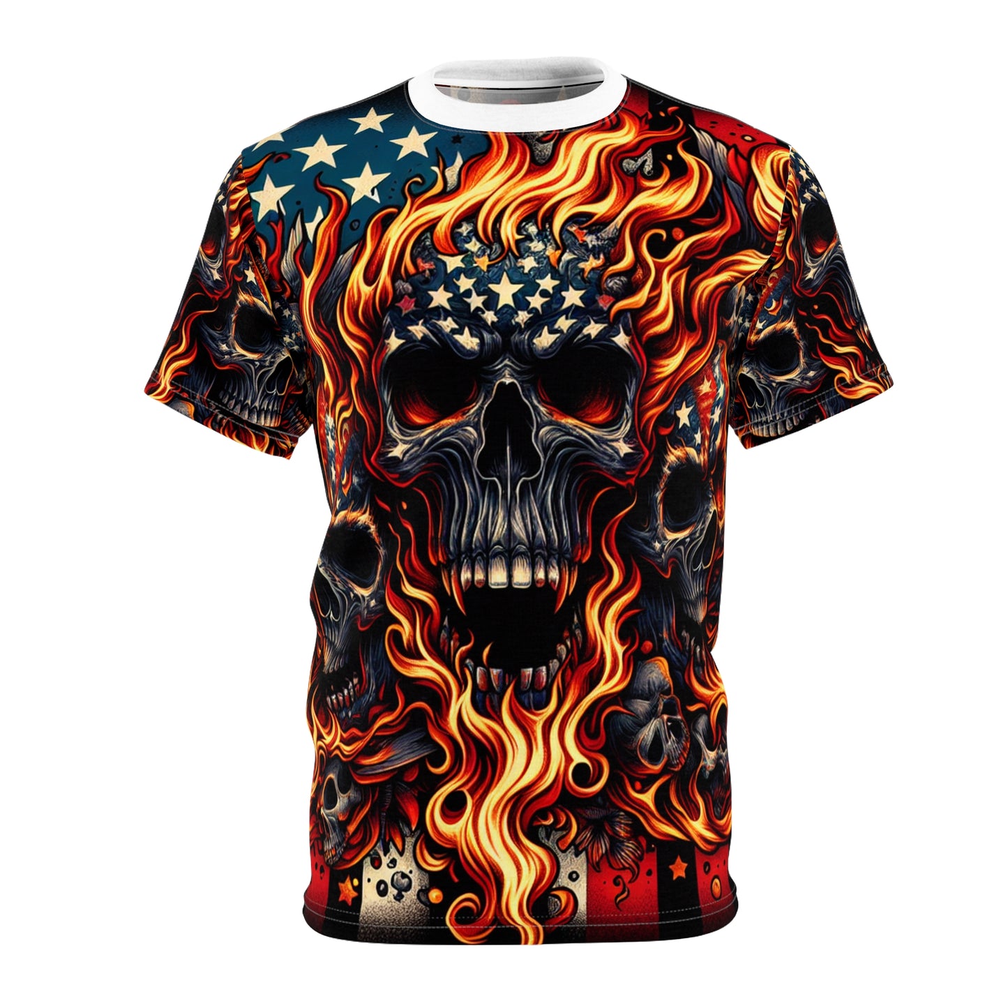 Fiery Patriotic Inferno: Skulls Unleashed in Bold American Glory T-shirt - Patriotic Streetwear Tee