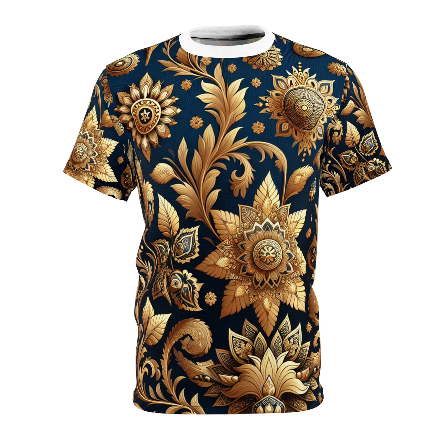 Golden Heritage - Traditional Indian Motif Patterned T-shirt: Seamless Intricate Design, Floral & Geometric Shapes, Rich Gold on Cool Blue