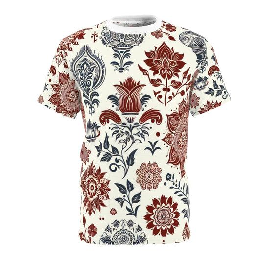 Classic Indian Heritage Seamless Pattern T-Shirt - Intricate Floral and Geometric Motifs in Red and White - Traditional Indian Motifs Tee