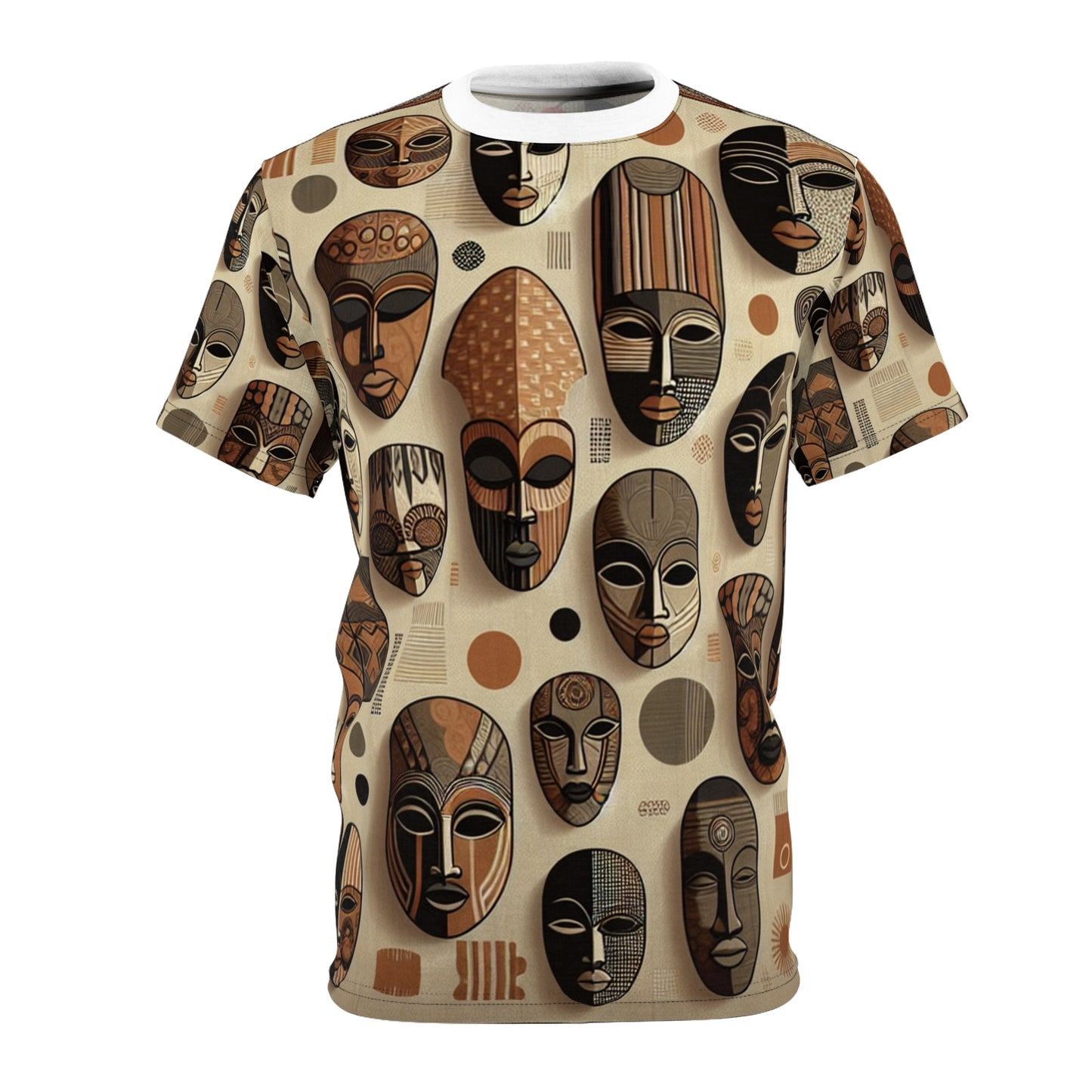 Modern African Heritage T-Shirt: Monochrome Masks in Rich Tapestry Design with Orange Accents - African Tribal Pattern-Inspired Tee