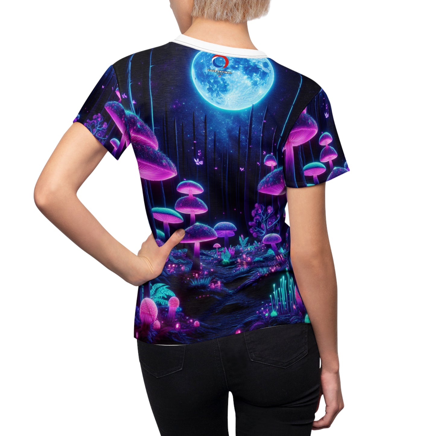 Psychedelic Forest Glow: Women's Blacklight-Responsive Tee, Vibrant Neon Mushroom & Bioluminescent Starry Night - Women's Blacklight T-shirt