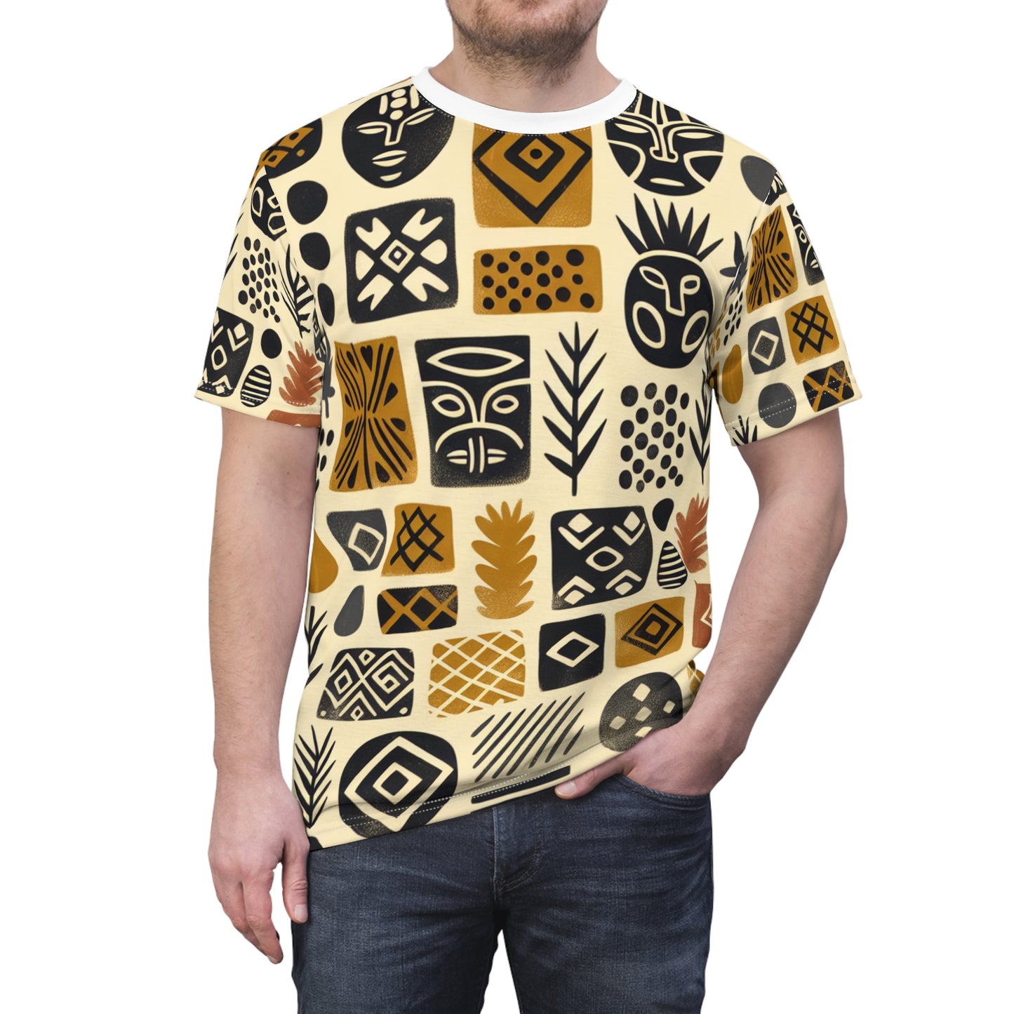 Handcrafted African Mud Cloth Inspired Tee - Abstract, Tribal Grid Pattern, Organic Shapes - African Tribal Pattern-Inspired