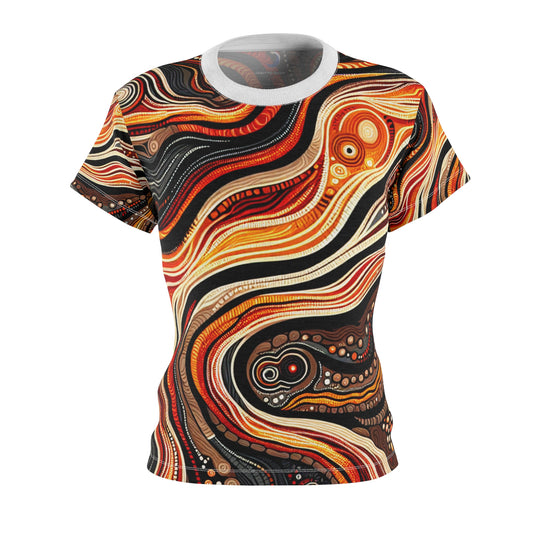 Volcanic Dream Dot Art Women's Tee - Aboriginal-Inspired Fiery Landscape Design in Vibrant Earthy Tones - Ancestral Connection Apparel