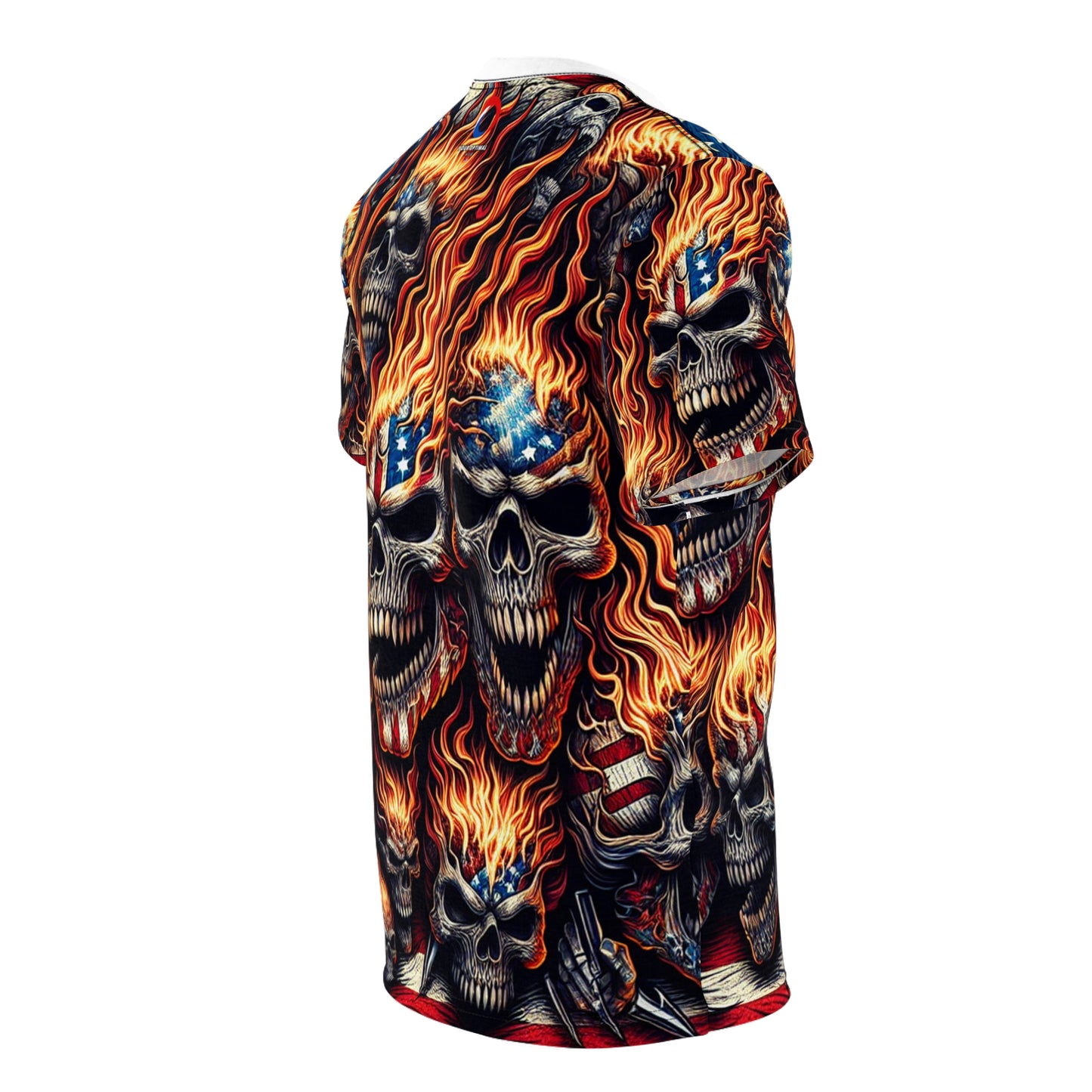 Patriotic Inferno: Scarlet Skull Cascade T-Shirt - Patriotic Streetwear Tee