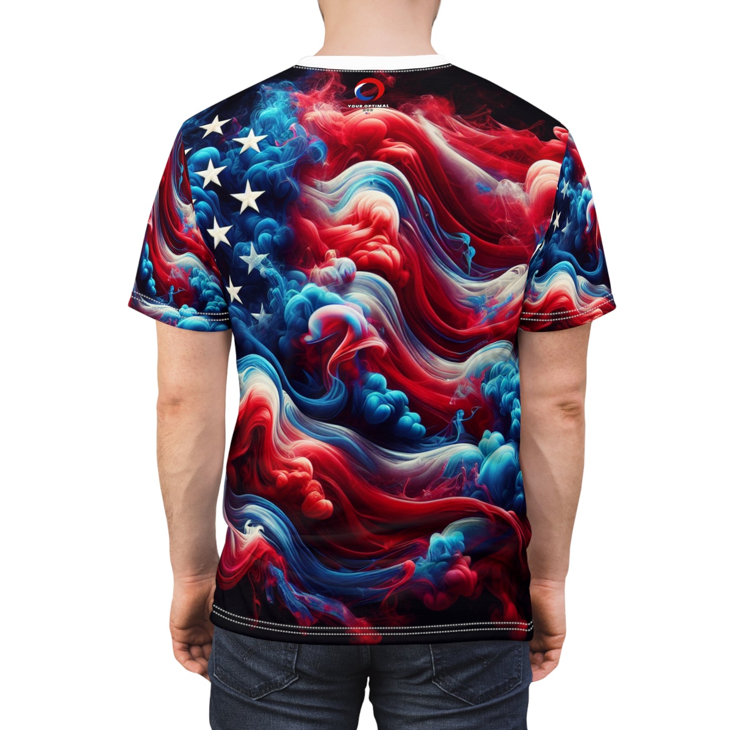 American Glory: Artistic Ethereal Smoke-Effect USA Flag T-Shirt, Red-Blue Color Transition - Patriotic Streetwear Tee