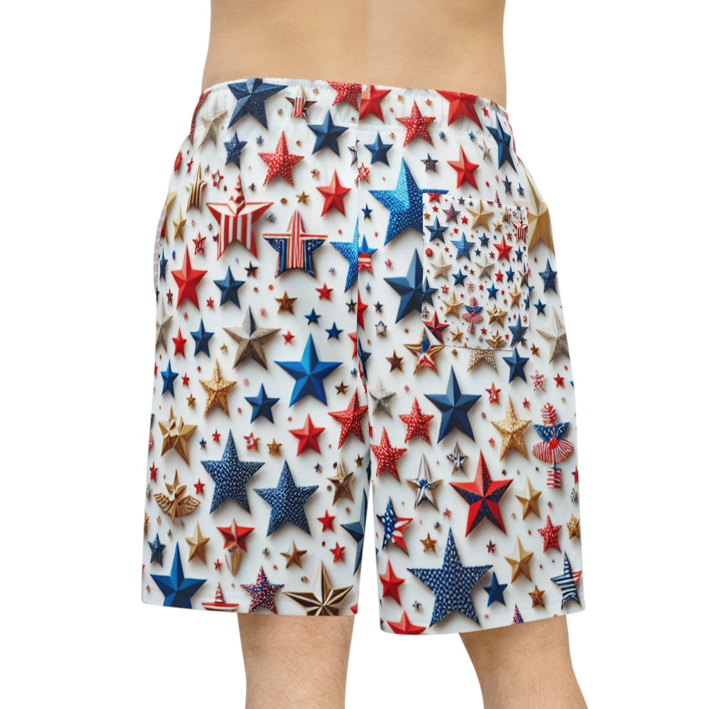 Festive Star-Spangled Shorts: Patriotic Red, Blue & Gold Star Design, Perfect for Independence Day Celebrations - Patriotic Streetwear Shorts