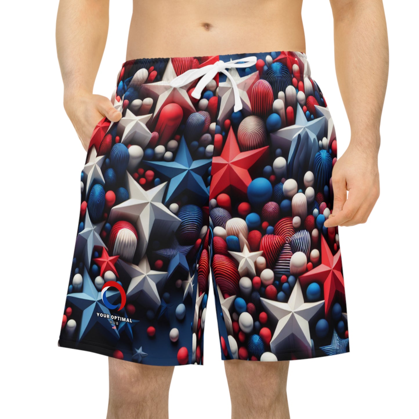 Stellar Splash: 3D Red, White & Blue Starry Patriotic Shorts on Midnight Hue - Patriotic Streetwear Shorts