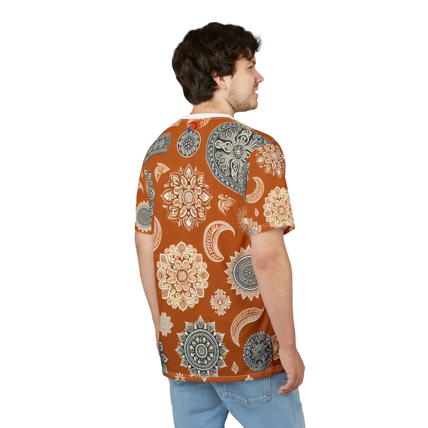 Orange Indian Motif T-Shirt – White Floral & Geometric Pattern, Minimal Ethnic Wallpaper Tee, Traditional India Design Apparel