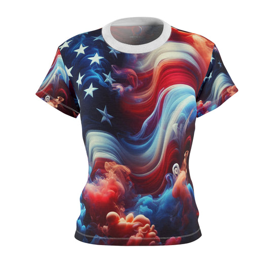 Mystical American Flag Women's T-Shirt: Surreal Stars & Stripes with Flowing Color Smoke - Patriotic Streetwear Tee