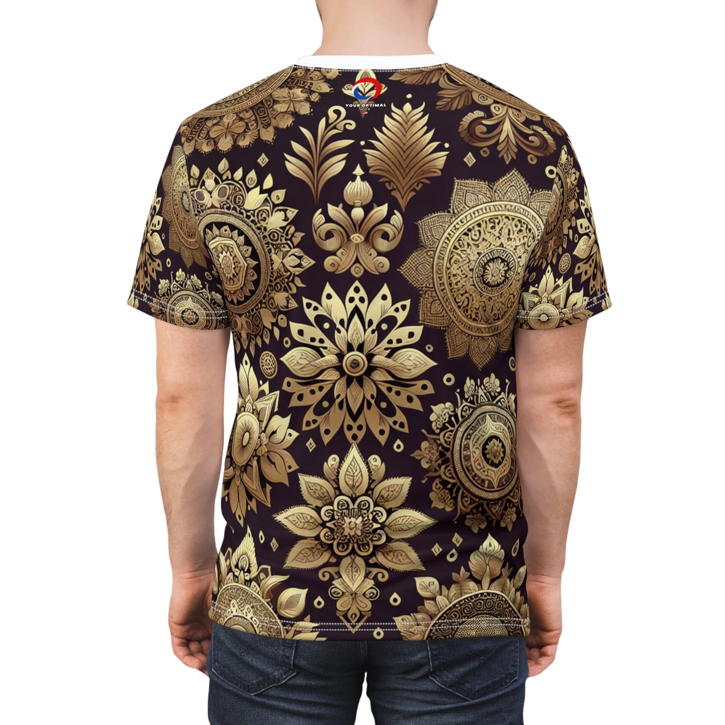 Traditional Indian Motifs Seamless Pattern T-Shirt - Gold & Purple - Intricate Floral Geometric Designs - Reflective Elements on Modern Minimalist Apparel