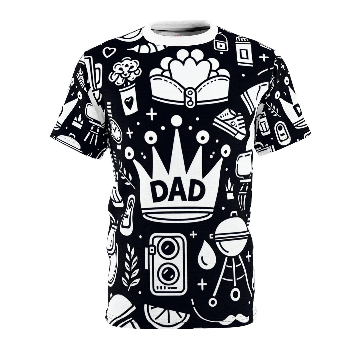 King of the Family Dad T-Shirt - Monochrome Line Art with Crown, Camera, BBQ Grill-master - Father's Day Minimalist Tee