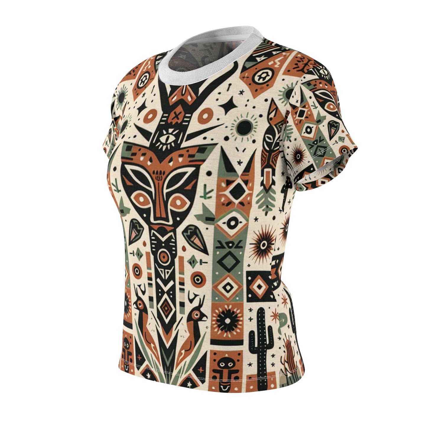 Women's Tribal Art T-Shirt: African-American Fusion, Symmetrical Nature Totem, Geometric Fauna & Flora, Earthy-tone Palette - African Tribal Pattern-Inspired