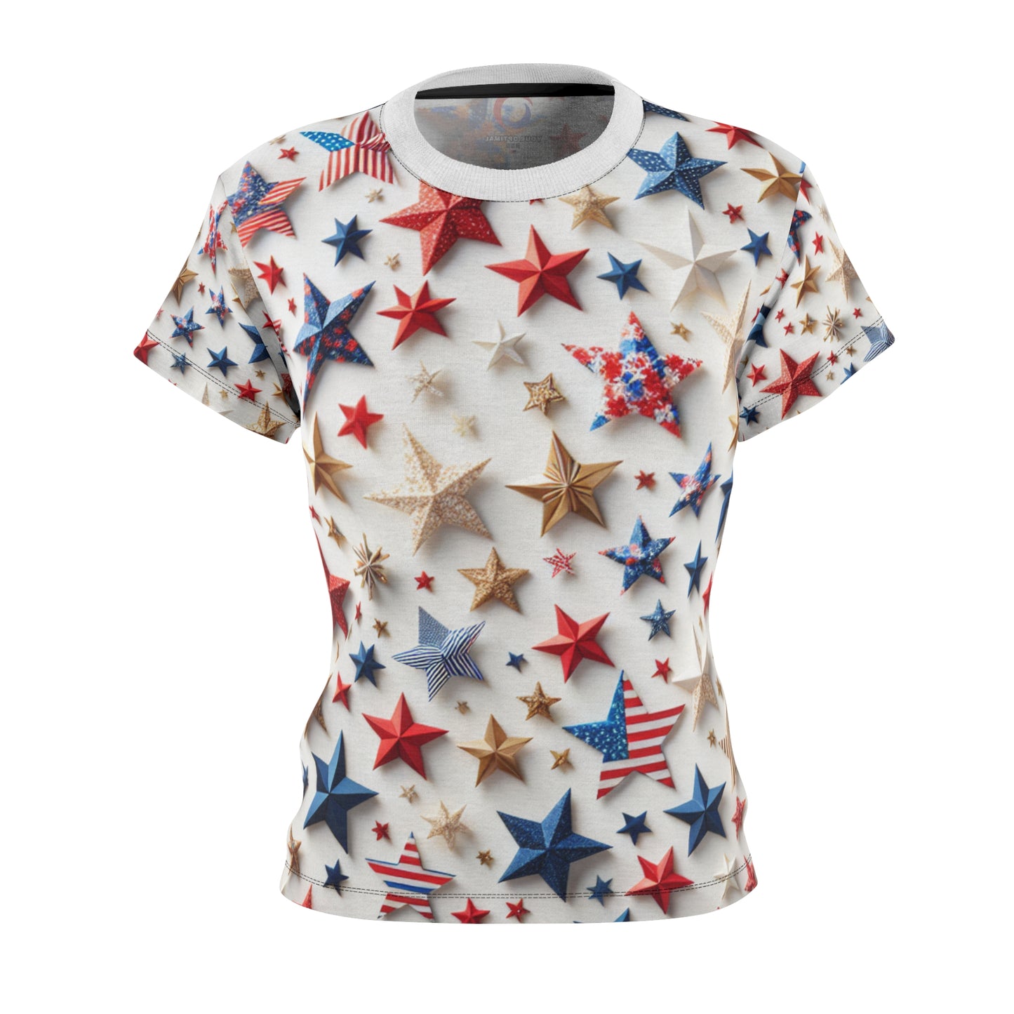 Festive Patriotic Star Pattern Women's T-Shirt - Red, Blue & Gold Celebration Top for Independence Day - Patriotic Streetwear Tee