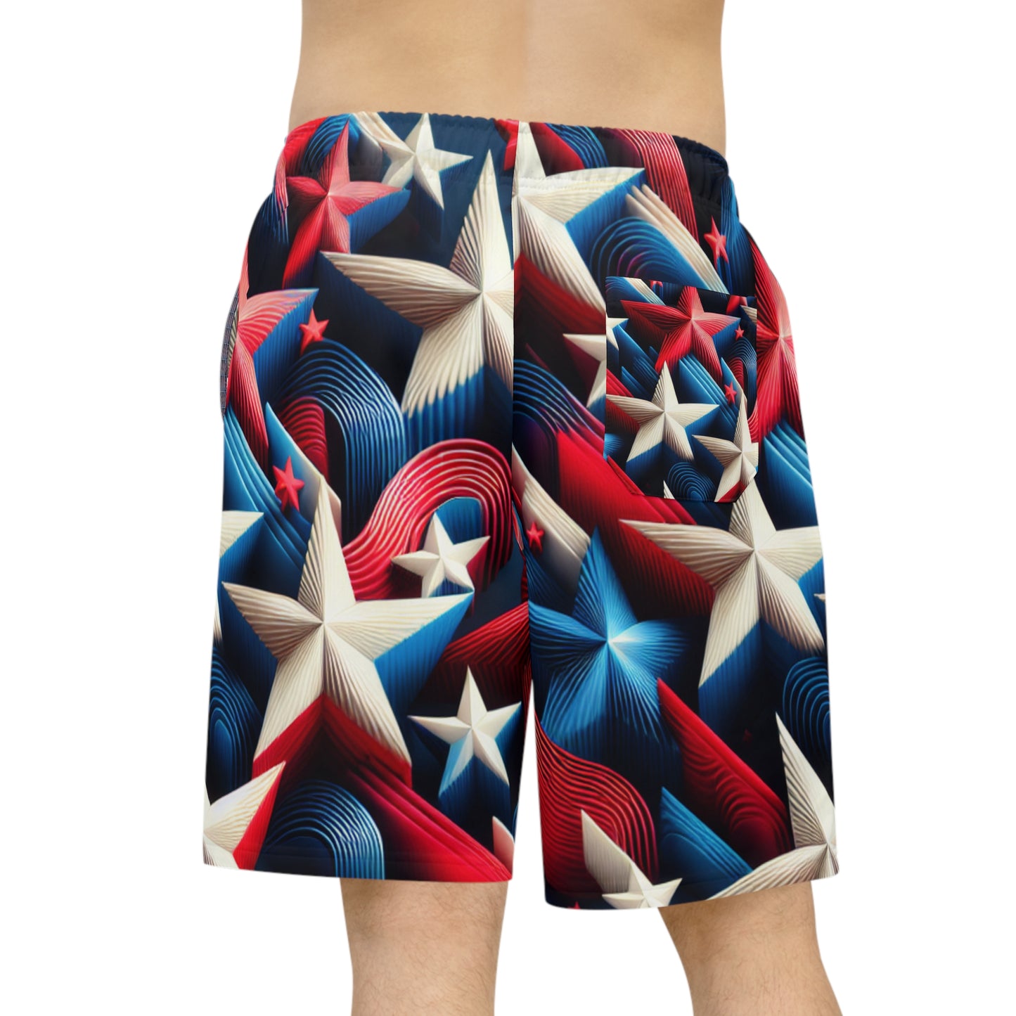 3D Star-Dazzle Shorts: Red, White, Blue Starburst - Festive, Patriotic Party Wear - Patriotic Streetwear Shorts