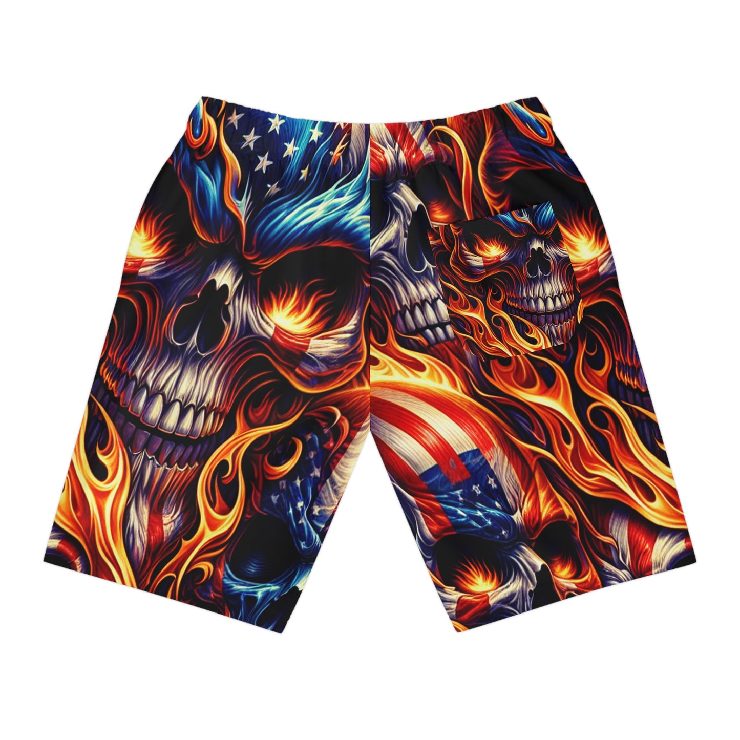 Blaze of Valor: Patriotic Inferno Skull Tattoo-Style Shorts - Patriotic Streetwear Shorts