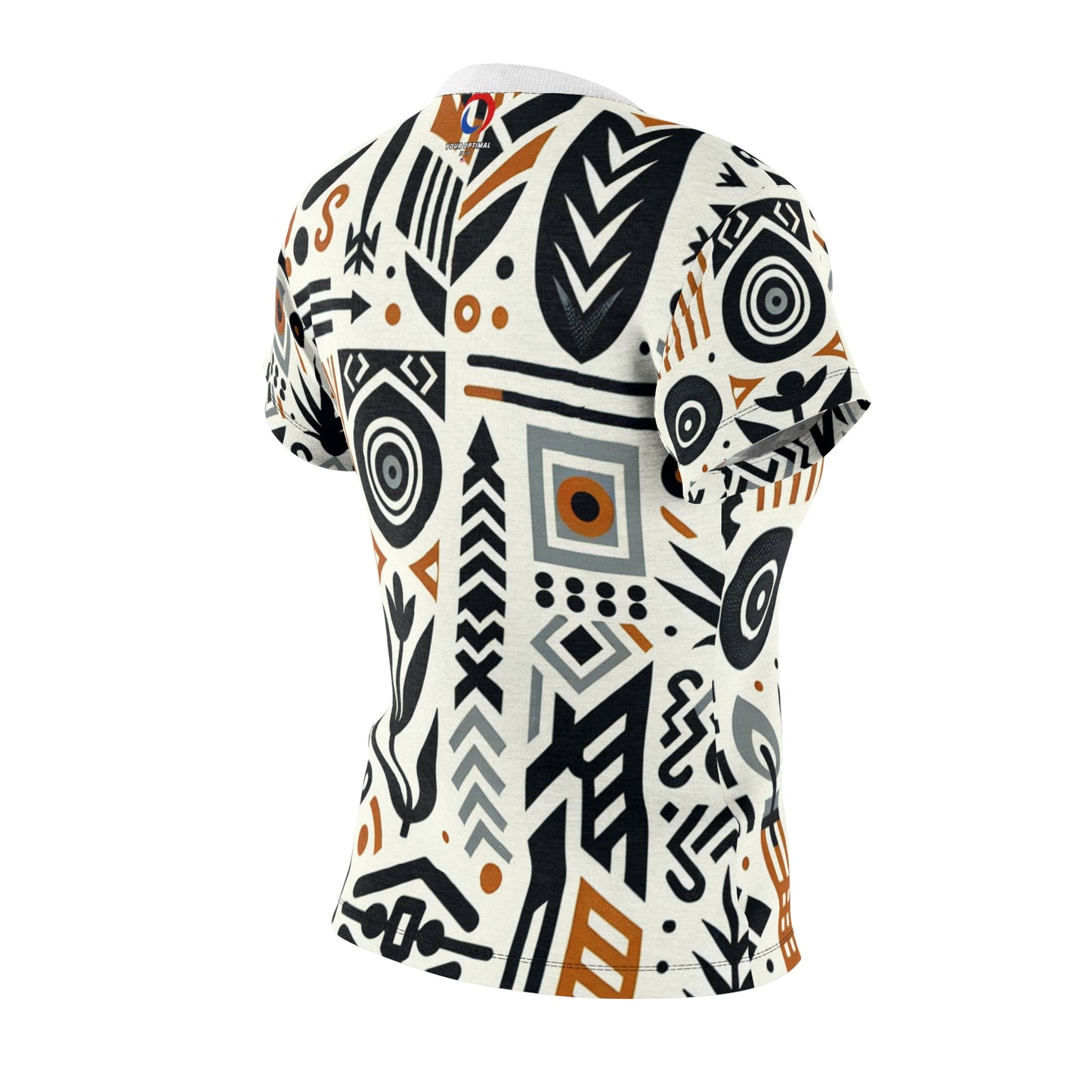 Modern Afro-Graphic Women's Tee: Monochrome & Orange Nature-Warfare Prints, Abstract Artistic Unity - African Tribal Pattern-Inspired