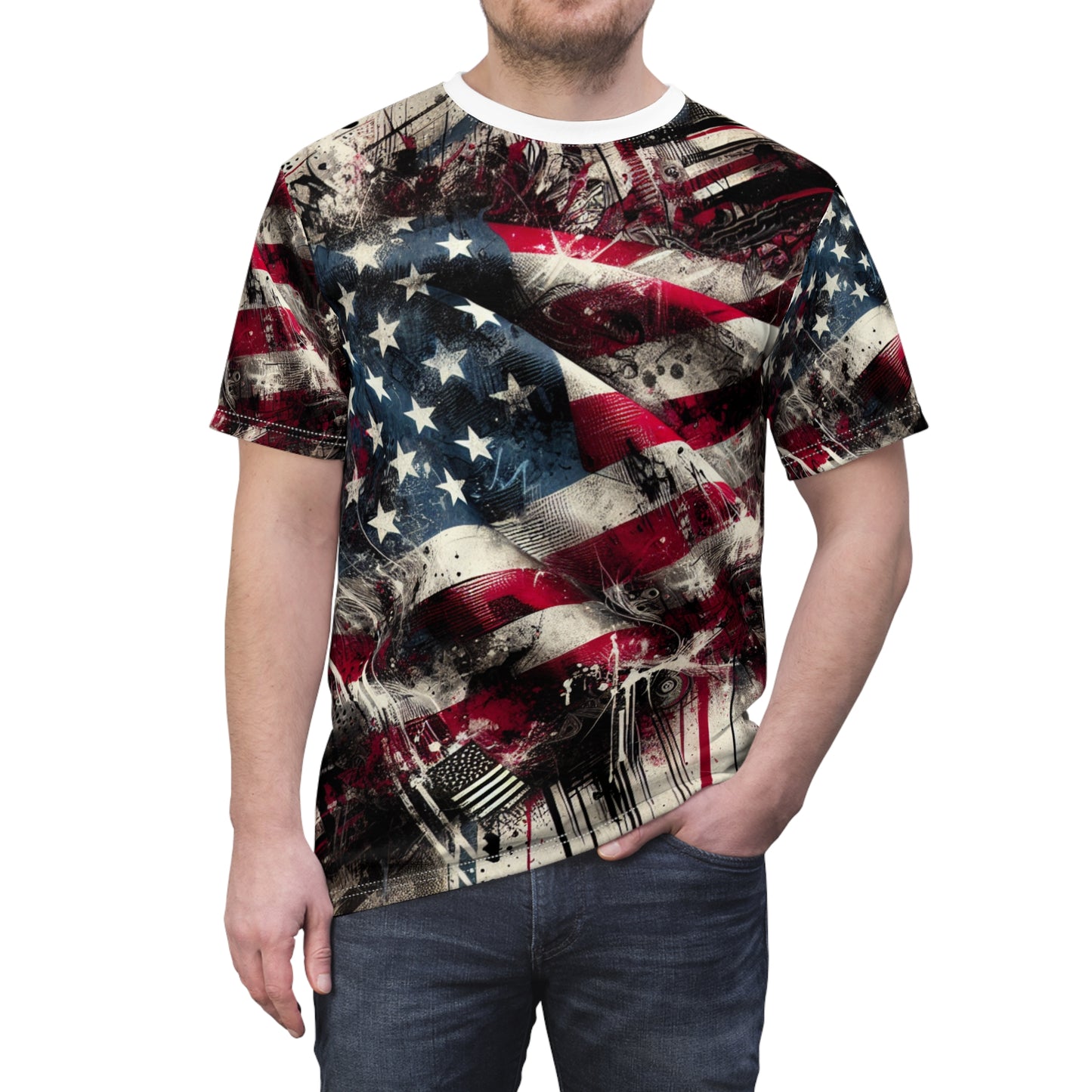 American Spirit Unleashed: Distressed Flag Graffiti Art Grunge Streetwear T-Shirt - Patriotic Streetwear Tee