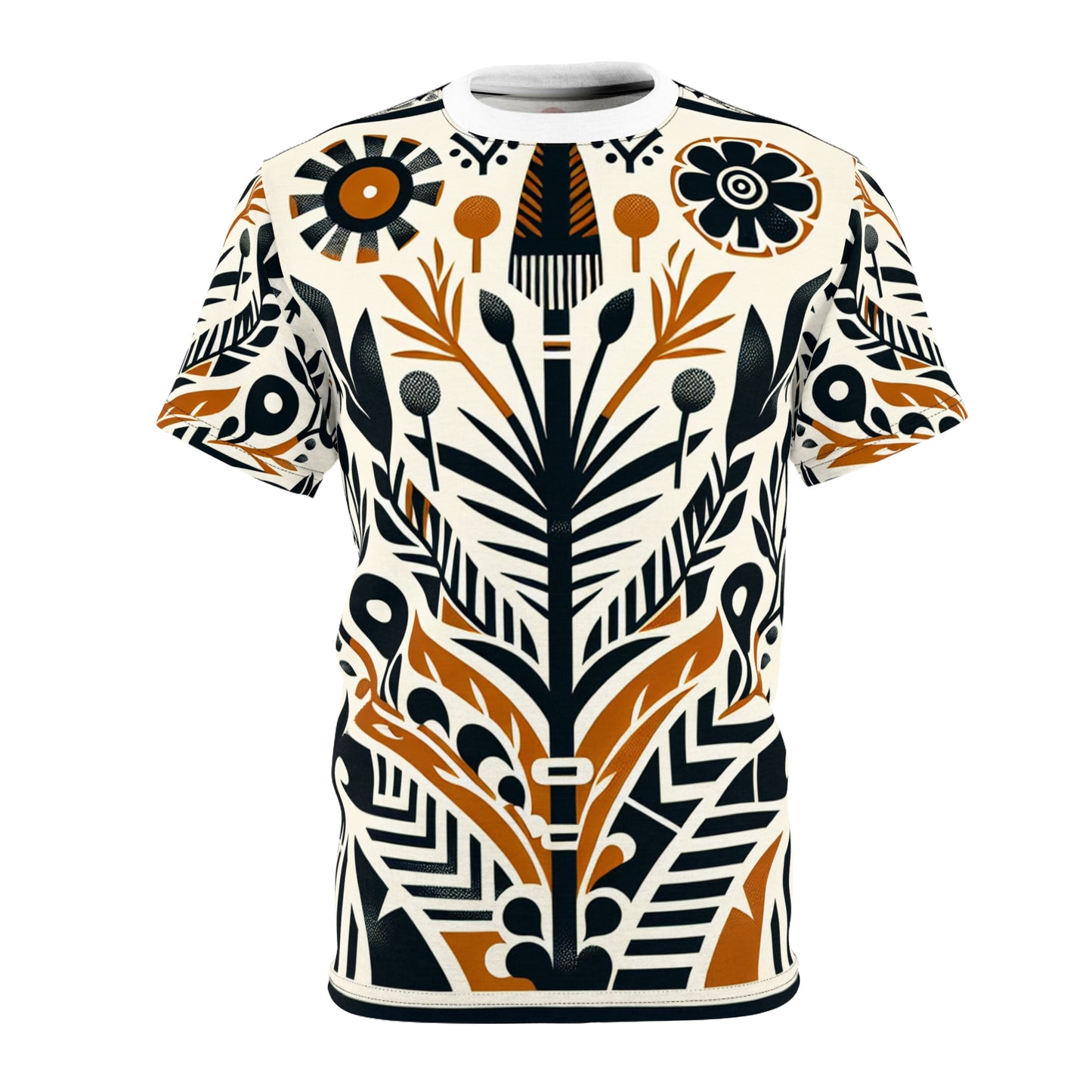 African Fusion Graphic T-shirt: Monochrome & Orange, Modern Nature-Warfare Design - African Tribal Pattern-Inspired Tee