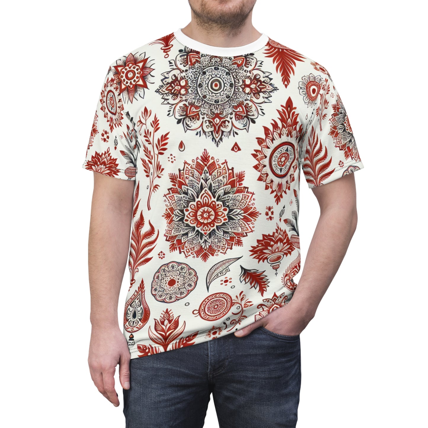 Traditional Indian Motif T-Shirt - Scattered Floral and Geometric Shapes in Primary Red on White - Rich Design Heritage Motifs Tee